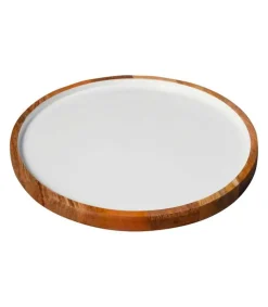 Hot Assiette De Presentation Ronde En Bois De Manguier Et Email Blanc Assiettes & Plats