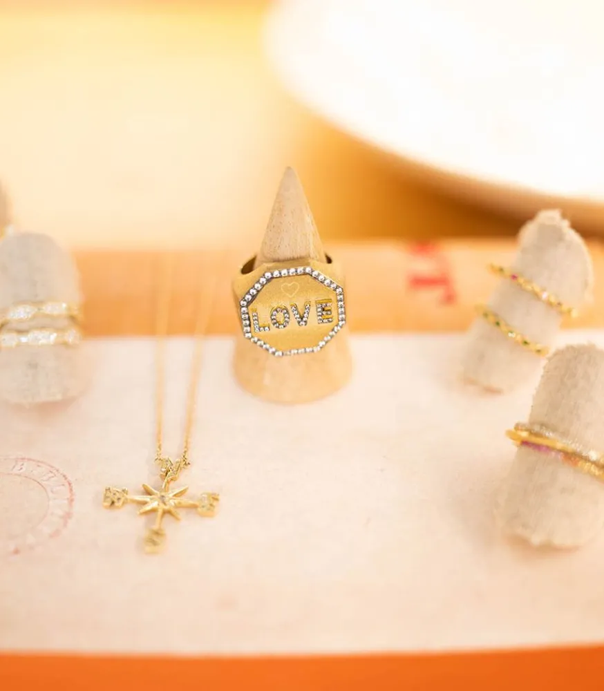 Hot Bague Chevaliere Love Or Jaune Saphirs Blancs Femme Bagues