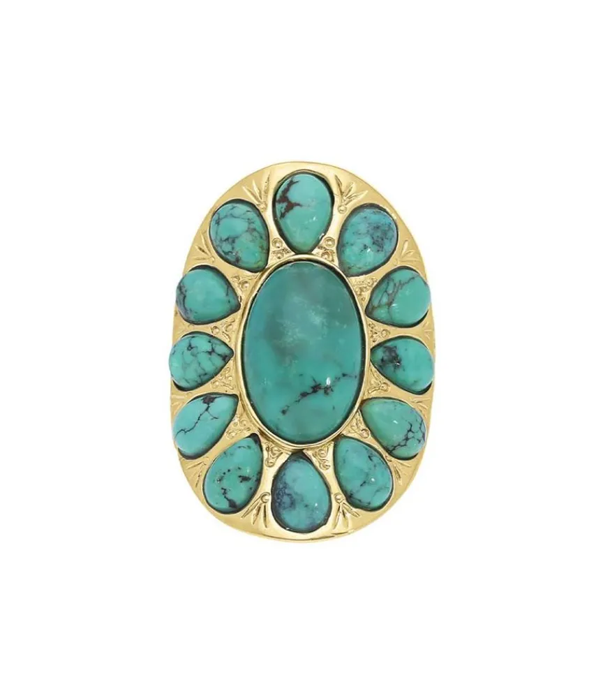 New Bague Navajo Plaque Or Et Turquoise Femme Bagues