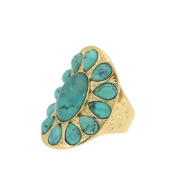New Bague Navajo Plaque Or Et Turquoise Femme Bagues