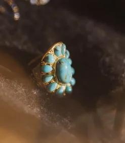 New Bague Navajo Plaque Or Et Turquoise Femme Bagues