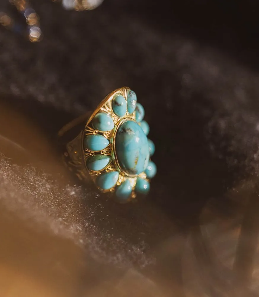 New Bague Navajo Plaque Or Et Turquoise Femme Bagues