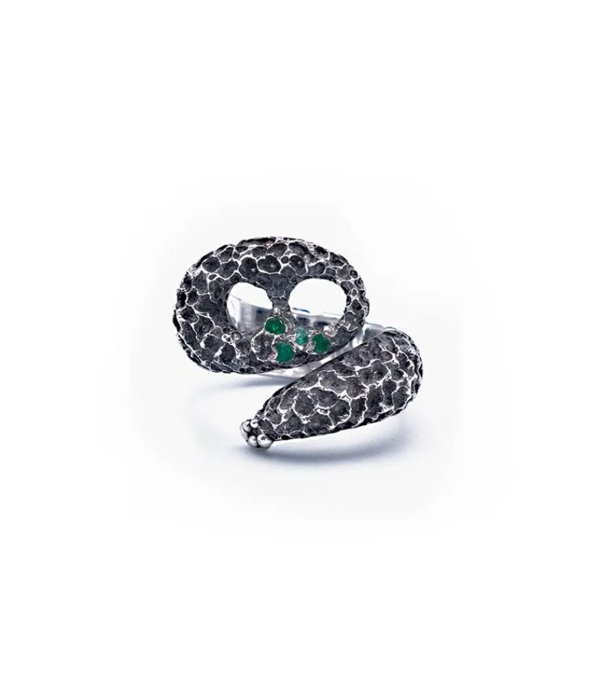 New Bague Serpente A Sonagli Emeraude Argent Femme Bagues