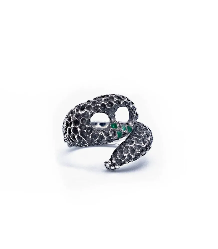 New Bague Serpente A Sonagli Emeraude Argent Femme Bagues