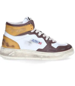 Discount Baskets Super Vintage Mid Cuir White Brown Honey Femme Baskets