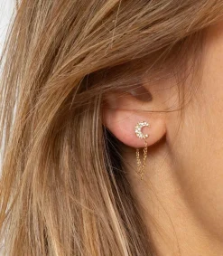 Best Boucle D'Oreille Stud Lune Pavee Et Chaine Femme Boucles D'Oreilles