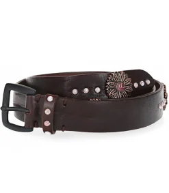 Discount Ceinture En Cuir Tamponnee Perles Et Fleurs Marron X Jane De Boy Femme Ceintures