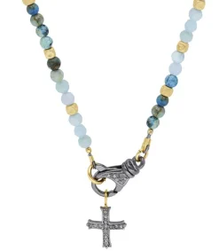 Hot Collier Le Ferret Croix En Lapis Lazuli, Agate Et Or Femme Colliers