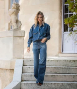 Outlet Jean Nadia Palazzo Over Destroy Bleu Femme Bas