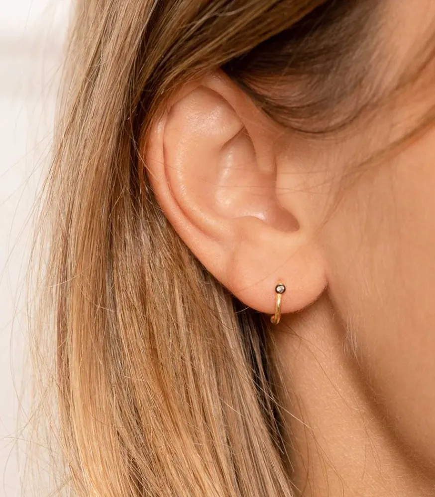 Hot Mini Creoles Ouvertes Terry Argent Noirci Et Diamants Femme Boucles D'Oreilles