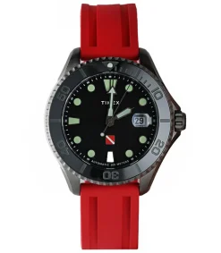 Discount Montre Automatique Tiburon En Titane Cadran Noir Et Bracelet Rouge Homme Montres
