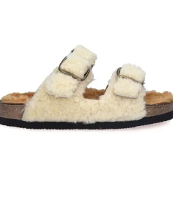 Outlet Sandales Shearling Champagne/Camel Femme Sandales & Tongs