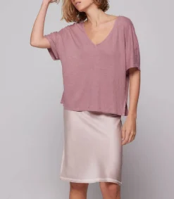 Sale Tee-Shirt Col V Manches Courtes En Lin Bois De Rose Femme Hauts