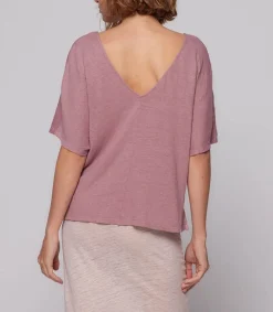 Sale Tee-Shirt Col V Manches Courtes En Lin Bois De Rose Femme Hauts