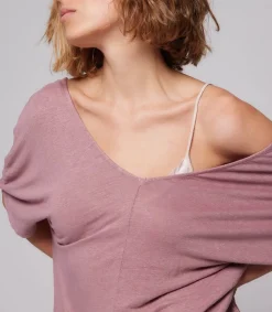 Sale Tee-Shirt Col V Manches Courtes En Lin Bois De Rose Femme Hauts