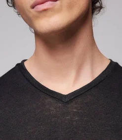 Online Tee-Shirt Homme Col V Manches Courtes Lin Noir Homme Tee-Shirts