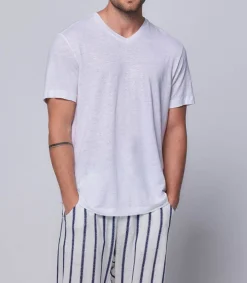 Sale Tee-Shirt Homme Col V Manches Courtes Lin Blanc Homme Tee-Shirts