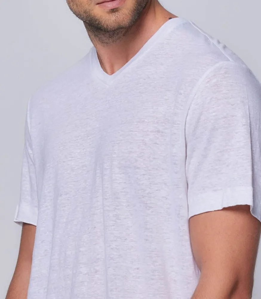 Sale Tee-Shirt Homme Col V Manches Courtes Lin Blanc Homme Tee-Shirts